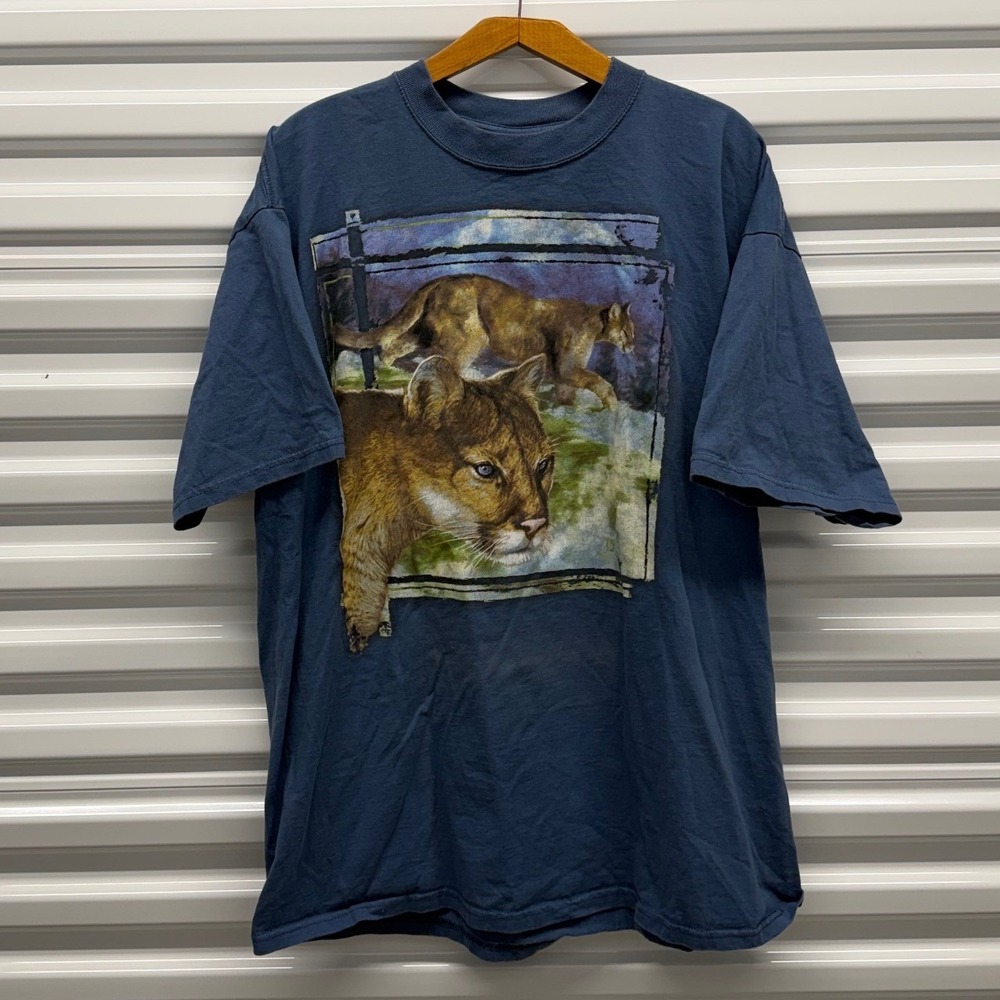 Vintage 90s Panther Nature Wilderness Animal Blue Mens XXL Shirt